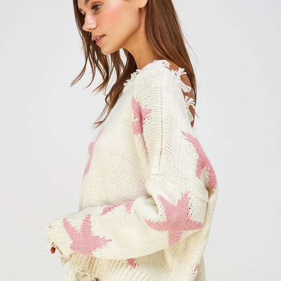 Cropped V fringe pink star sweater - Picture 2 of 5
